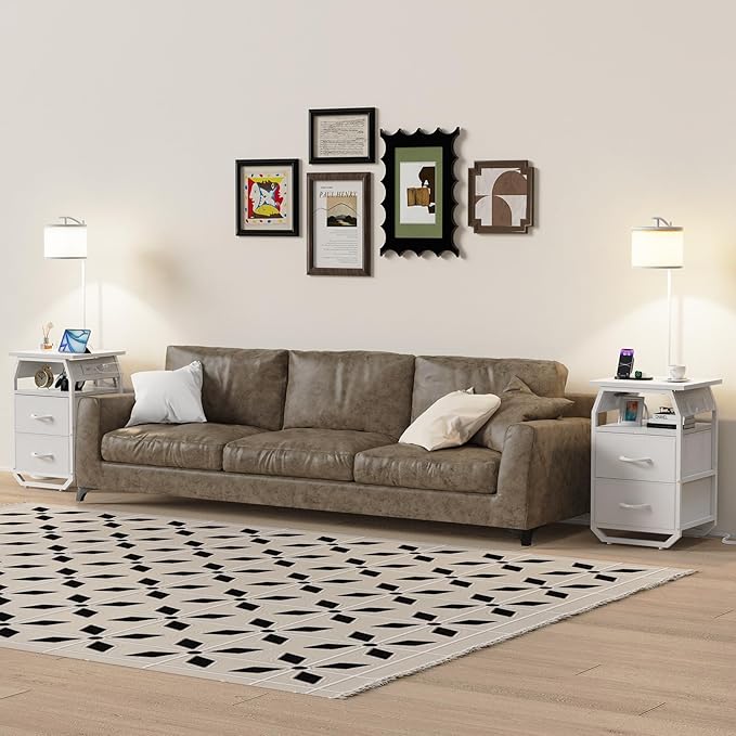 runjuly Floor Lamp with Table, End Tables with Lamps Attached 3-Color Temperature Bulb, Side Table with Lamp with 2 Drawers & Charging, Lamps Tables Combo for Bedroom, Dorm, Apartment - White