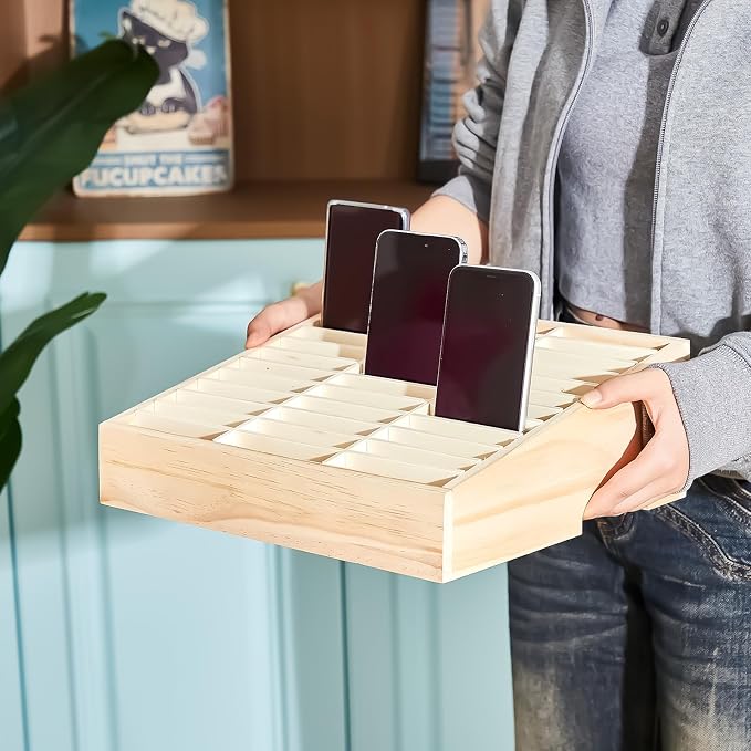 CroBlissful 2 Pcs 36 Grid Wooden Cell Phone Holder Classroom Wood Cell Phones Storage Box Desktop Mobile Phone Organizer for School Classroom Office