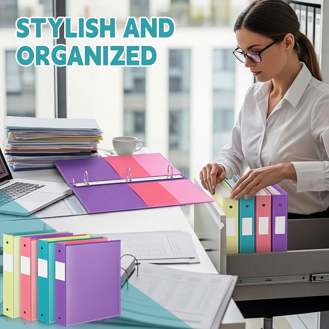 Henoyso 4 Pack Two-Tone Durable 3 Ring Binders 1.5 Inch, Clear Cover with Front & 4 Inner Pockets, Colored Plastic Flexible Binders with Large Capacity for School & Office