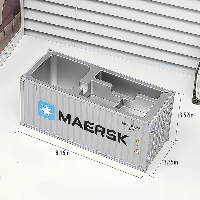Desk Organizer, Pen Pencil Holder, Business Name Cards Holder, Shipping Container Model Storage Box, Secret Storage Box with Multiple Compartments Office Supplies Multi-function (MAERSK)