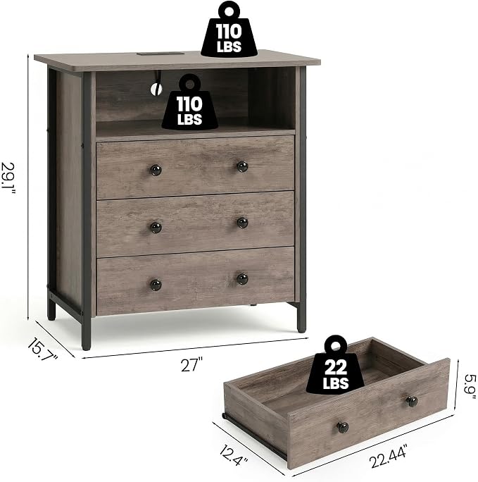 27 Inch LED Nightstand with Charging Station & 3 Drawers, Gray | RGB App Control, 2 AC Outlets & 2 USB Ports, Open Storage, Adjustable Feet, Wood Tall Nightstand for Bedroom or Office