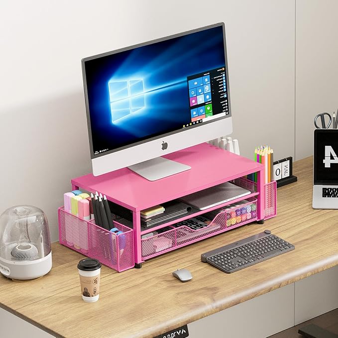 Desk Organizers and Accessories, Computer Monitor Stand Riser with Drawer and 2 Pen Holders, Printer & Laptop Stand, Office Desk Accessories & Workspace Organizers for Home Office Supplies, Carmine Rose
