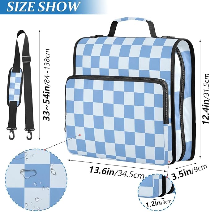 3 Ring Zipper Binder with Shoulder Strap Blue Checkered White Buffalo Plaid 1.5 inch Binders Keeper Large Capacity Multi Pockets for School Office Supplies