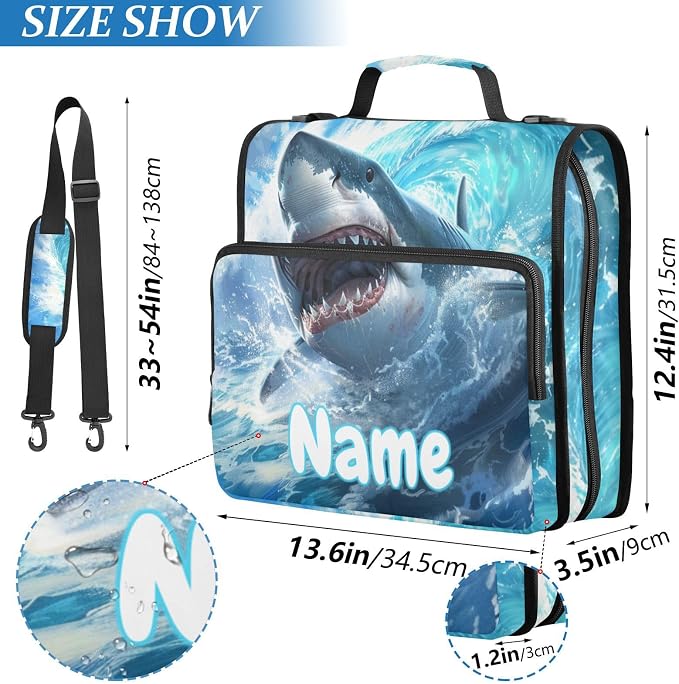 Custom Cute Shark Blue Ocean Wave 3 Ring Binder Bag 1.5 inch Personalized Name Binder Organizer 500 Sheet Documents Storage for School Office