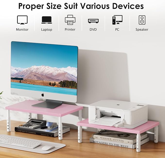 ECOLOVI Adjustable Wood Computer Monitor Stand Riser, Office Desk Organizer and Accessories for Monitor, Laptop, PC, Printer, Office Desk Accessories Workspace Organizer for Home Office Supplies, Pink