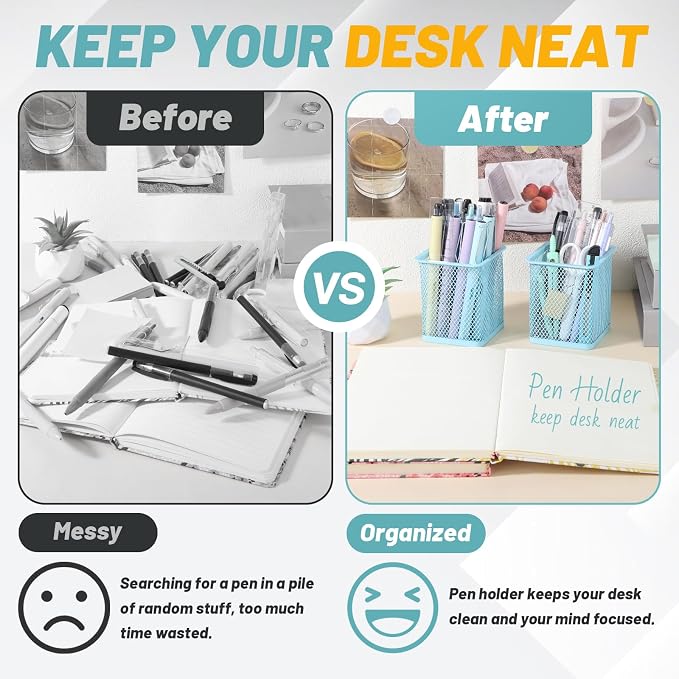 Segarty Pen Holder for Desk, 3 Pack Square Light Blue Pencil Holder, Wire Mesh Pen Cup Container Set Desktop Organizer for Office Supplies, School Students, Home Storage, Brush Organization