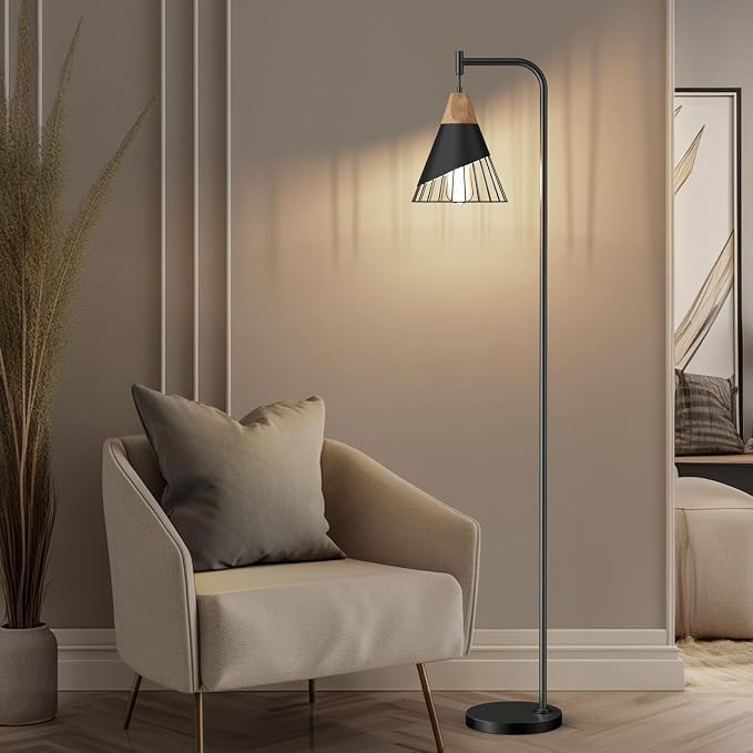 67" Industrial Floor Lamp with Wood & Black Metal Shade, Modern Standing Lamp, Rustic Farmhouse Tall Lamp for Living Room Bedroom Office, 2700K Bulb & Foot Switch Included (Black)