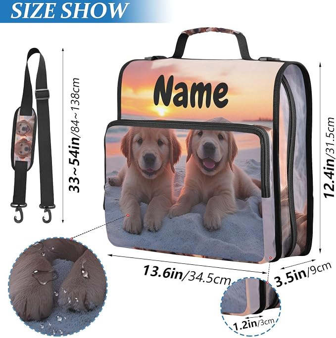 Custom Golden Retriever Puppy Dogs 3 Ring Binder Bag 1.5 inch Personalized Name Binder Organizer 500 Sheet Documents Storage for School Office