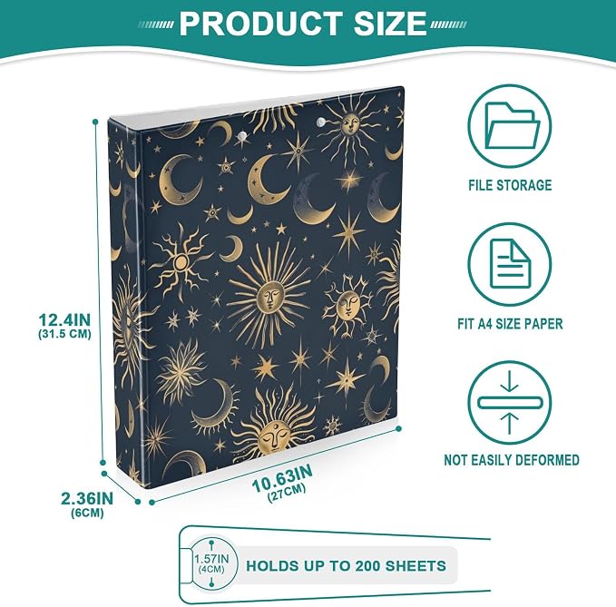 3 Ring Binder, Celestial Sun Moon Bohemian File Folder Holds 200 Sheets File Storage for Women Men School Office Supplie
