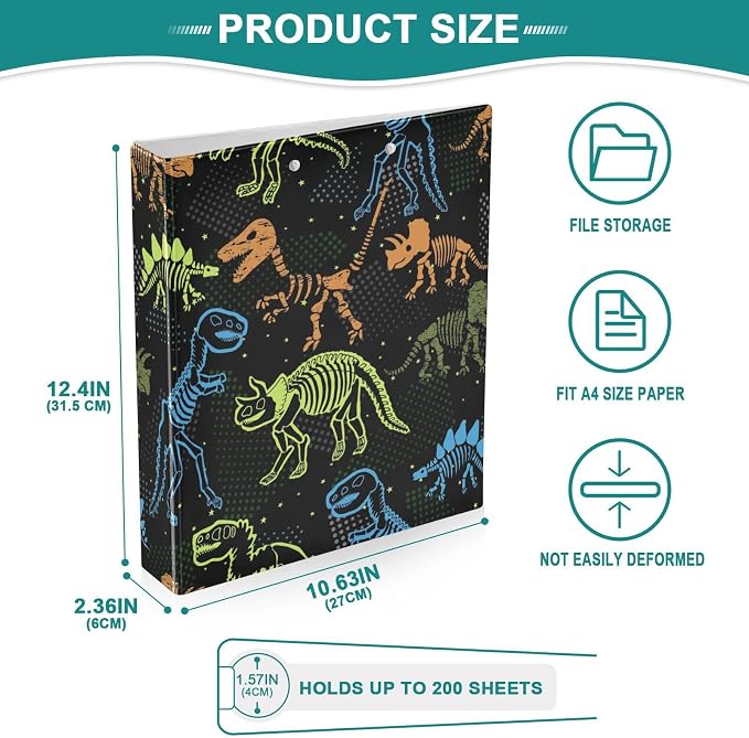Dinosaur Skeleton Decorative 3 Ring Binder 1.5 Inch Large View Binders with Pockets File Organizer for Office College School, 2 Pack