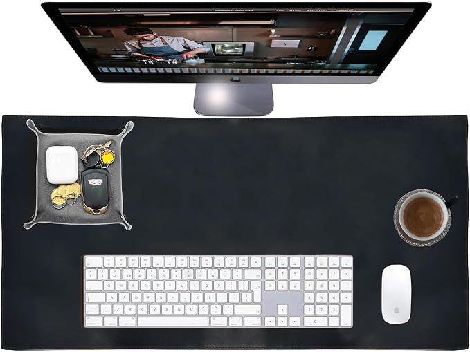 Leather Desk Mat Set (32x16) - Full Grain Large Computer Gaming Mouse Pad | Non-Slip, Table Cover Blotter Protector, Smooth Control, Stitched Edges, Desktop Laptop Accessory with Valet Tray & Coaster