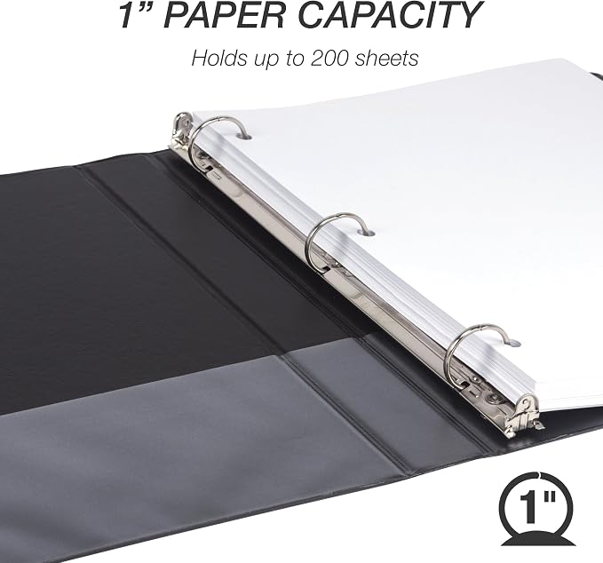 Samsill 1 Inch 3 Ring Binder, Economy Round Ring, Clear View Cover, 200 Sheet Capacity - for School, Home, Office - Charcoal Black