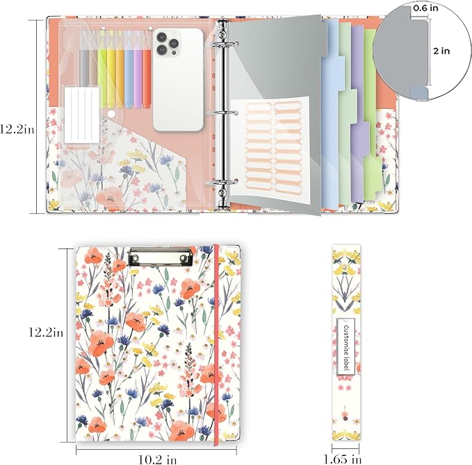 3 Ring 1 Inch Binder Organizer, KLLVE Three Ring Binders with Clipboard, 5-Tabs Pockets Dividers, Plastic Folder, 18 Divider Stikers,Pen Loop (Flora, Letter Size)