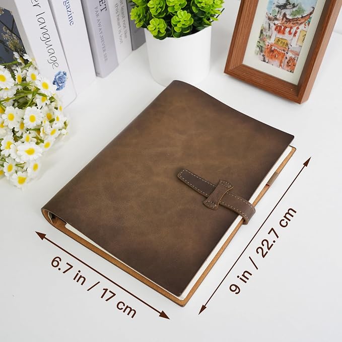 Refillable A5 Leather Binder Notebook, Reusable Leather Journal, Vintage Organizer with 6-Ring Metal Binder, 120 Pages Lined Paper & Pocket, for Writers Business Work Study College and Daily