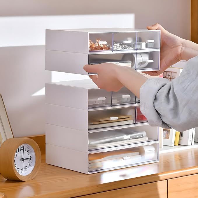 Stackable Storage Drawers, Office Desk Organizer with 7 Flat Drawers | White, Plastic Mini Desktop Storage Box, Tabletop Small Craft Drawer for Office Supplies, Makeup Desk Organizer and Accessory
