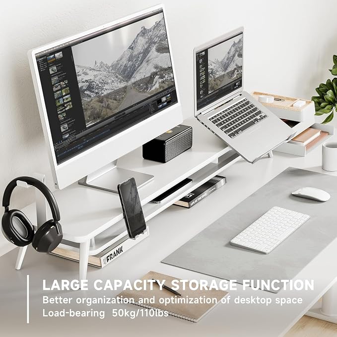 Fenge 42.5-Inch Monitor Stand Riser with Laptop, Phone & Headphone Holders | 10° Adjustable Laptop Holder, 2-Tier Storage, Dual Monitor or Monitor-Laptop Setup, Ideal for Multitasking, Gaming, Streaming