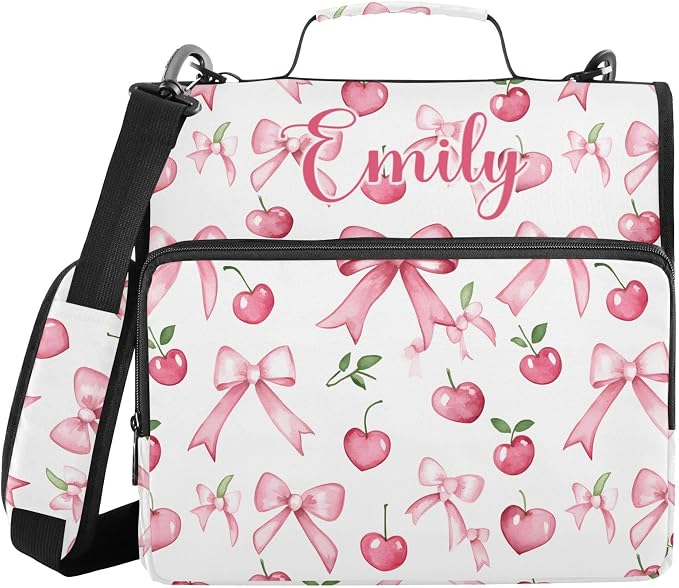 Custom Personalized Name Pink Bow Cherry Leaf Pattern Zipper Binder 3 Ring