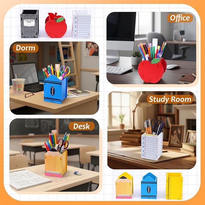 Crtiin 6 Pack Back to School Gifts Wooden Pencil Holders Crayon Ruler Apple Composition Notebook Pencil Dispenser Stationery Storage Container for Teacher Appreciation Classroom Office Desktop Decor