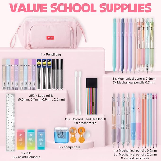 Eersida 47 Pcs Aesthetic School Supplies with Cute Pen Case, Mechanical Pencils 0.5mm, 0.7mm, 0.9mm & 2.0mm with Leads and Eraser Refills, Wood Pencils #2, for Writing, Drawing & Drafting (Pink)