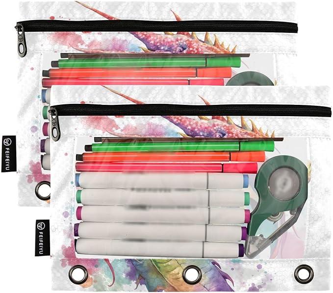 Watercolor Dragon Pencil Pouch for 3 Ring Binder, 2 Pack Waterproof Pencil Bags Clear Window Zipper School Office Supplies
