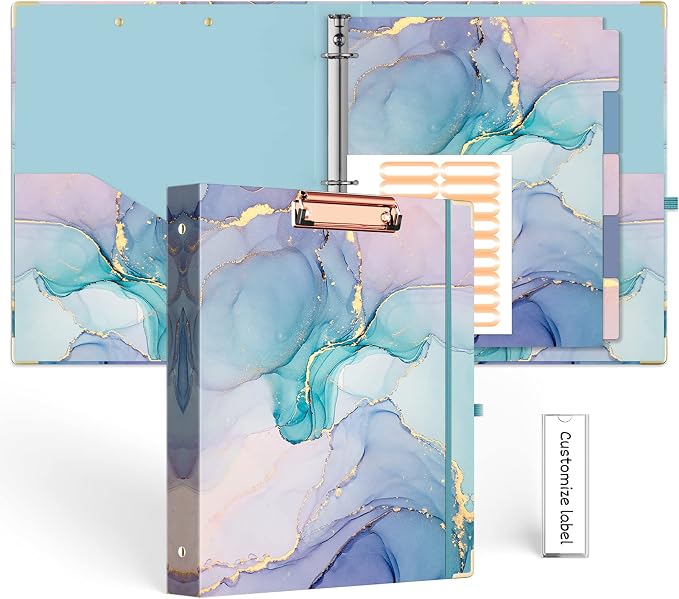 EYROZILL 3 Ring Binders 1 Inch for 8.5" x 11" Paper with 5-Tab Dividers, Cute Three Ring Binder Folders with Clipboard, Aesthetic 3 Ring Binder with Pockets (Green Marble)