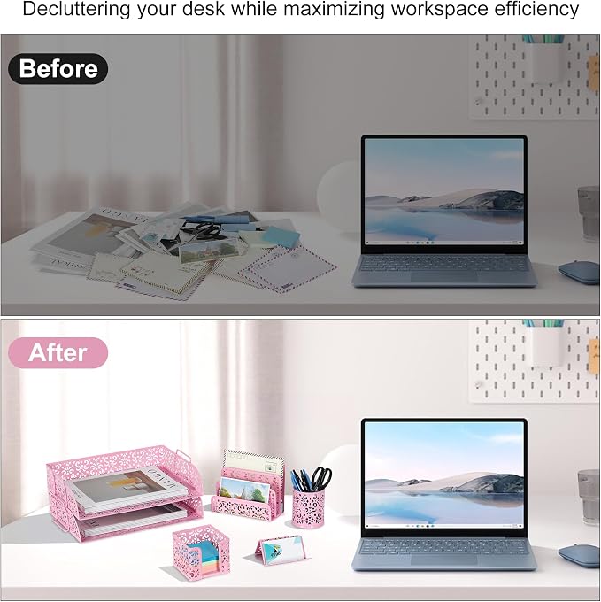 EasyPAG Desk Organizers and Accessories 5 Pieces Office Supplies Set - 2 Tier Paper Tray, Pencil Organizer for Desk, Mail Sorter Countertop, Business Card Holder and Sticky Note Holder, Pink