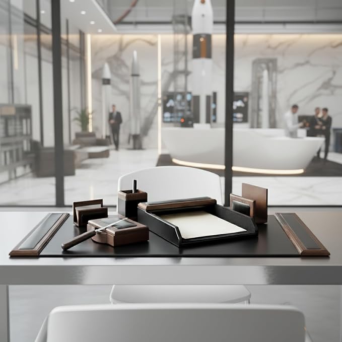 DACASSO Wood & Leather Desk Set - Luxury Leather Desk Pad & Desk Organization Essentials (Walnut and Black, 7 Piece)