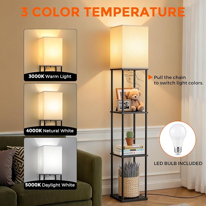 Floor Lamp with Shelves, 3-Tier Modern Square Bookshelf Standing Lamp Black | 3 Color Temperature Bulb Included, Pull Chain Tall Lamp for Living Room Bedroom Corner Office Apartment Decor