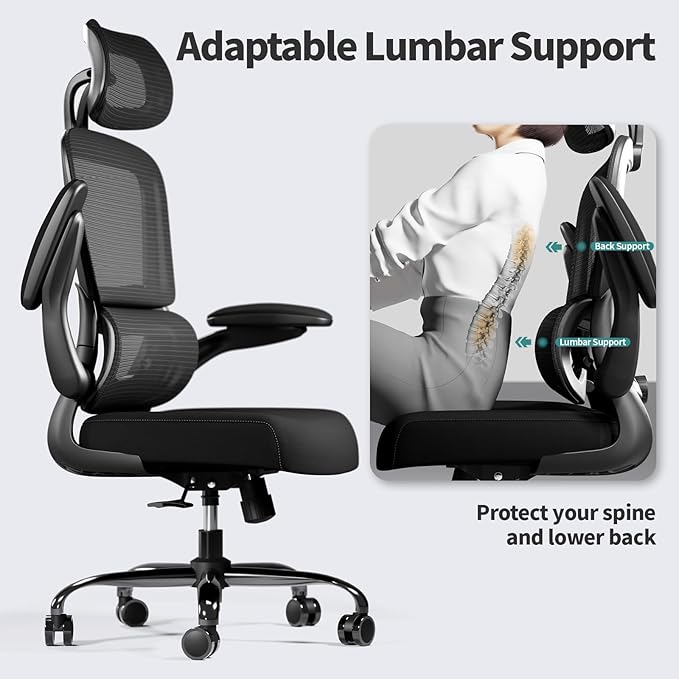 TRALT Office Chair Ergonomic Desk Chair - Gaming Chair with Lumbar Support | 330 LBS Home Office Desk Chairs with Headrest, Reading Chair with Flip-up Armrests, Comfortable Computer Chairs (5, Black)