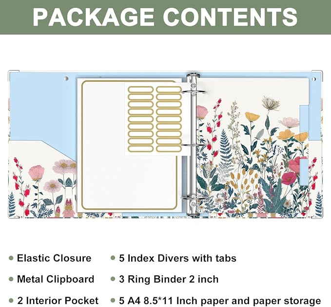 Rouidr 3 Ring Binder, 2 Inch Round Ring Binder Organizer with Clipboard, 5 Dividers Tabs, A4 8.5 x 11 Inch Paper & Clear Sleeves for School, Office Supplies