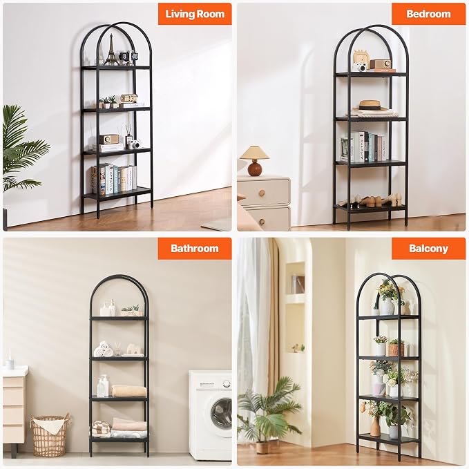 VEVOR Metal Bookshelf, 4-Tier Arched Industrial Bookshelf, Small Rustic Vintage Storage Bookcase with Open Shelves, Freestanding Display Shelving Unit Storage Rack, for Living Room, Bedroom & Office