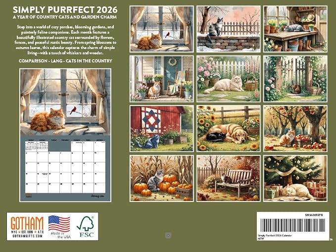 Simply Purrfect Country Cat Calendar 2026 Monthly Wall Calender 12 Month | American Made In The USA