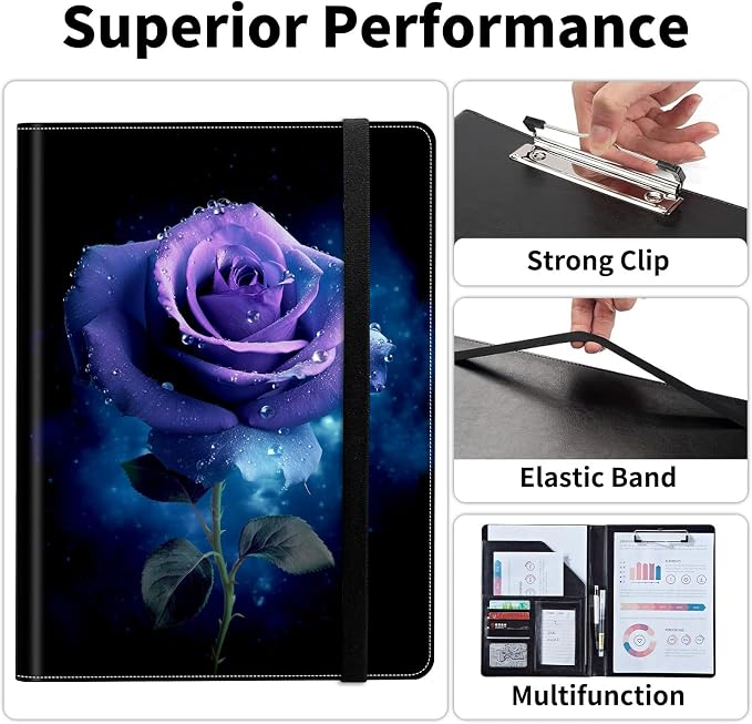 Padfolio/Portfolio Folder Clipboard,Padfolio Clipboard,Writing Portfolio Leather with Cover for Card Holder Slot Letter Size A4 for Office Conference Notepad Clip Boards,Purple Rose