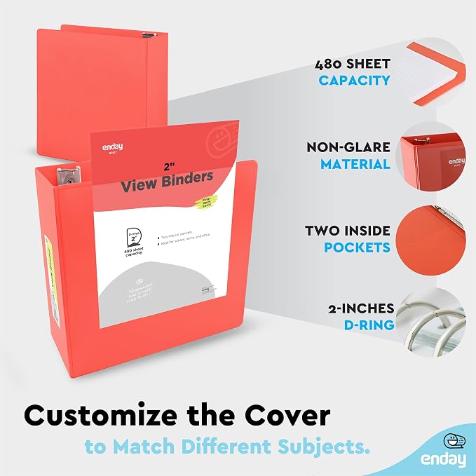 Enday 2 inch 3 Ring Binder (12 Pack - Red) Binder 2 inch with Clear View Cover and 2 Inside Pocket - for Letter Size 8.5 x 11'' Paper, Ideal for School Supplies, Office, and Home