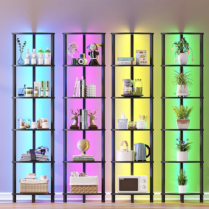 VIMBER 6-Tier Corner Shelf with LED Light, Industrial Corner Ladder Shelf, Rustic Display Shelf for Living Room, Bedroom, Kitchen, Home Office, Sturdy Frame, Black UJSJ002B