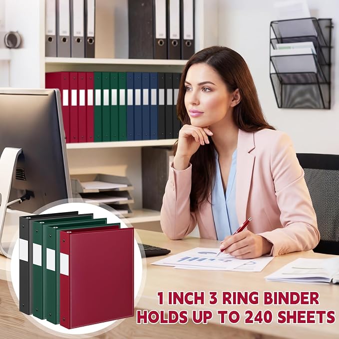 Henoyso 1 Inch 3 Ring Binders with Clear Front Cover and 2 Pockets, Round Ring Binders Fits 8.5'' x 11'' Letter Size Paper for School Office Supplies, 12 Pack (Assorted Assorted Classic Color)