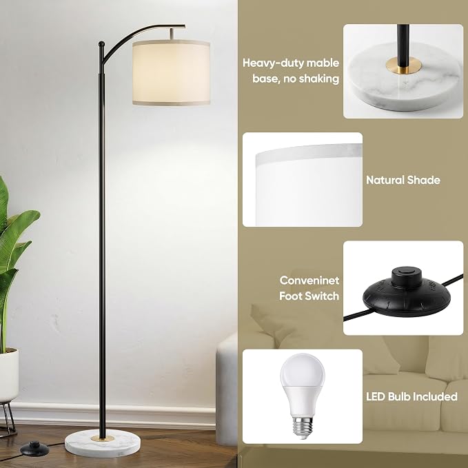 Floor Lamp for Living Room with Marble Base, Modern Standing Lamp with 3 Color Temperatures Bulb & Adjustable Linen Shade, Tall Lamp for Bedroom Office Reading Nursery