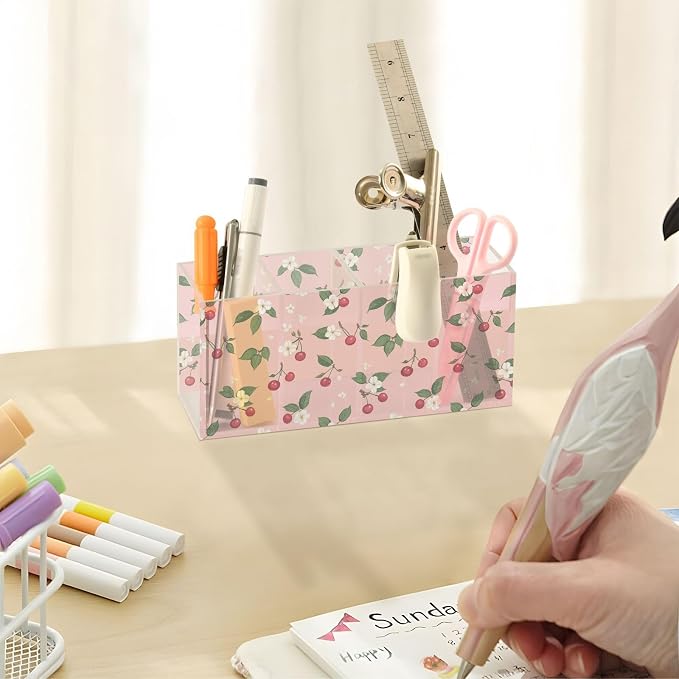 Flower Cherry Fruit Acrylic Pen Holder 4 Compartments with Prints, Desktop Makeup Brush Organizer Cutlery Acrylic Organizer Pencil Plastic Organizer Personalized Printed Pen Holder