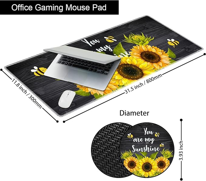 Desk Large Protective Mat, Smooth Surface Mousepad, Waterproof Non-Slip Desk Mat, 31.5x11.8 in Sewn Edge Office/Home Desk Mat, Sunflower