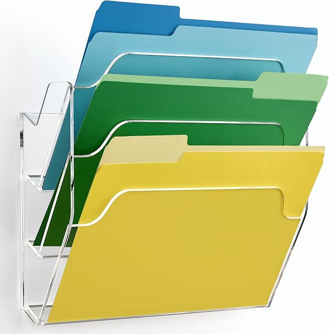 DINGHUO 3 Pockets Acrylic Hanging Wall File Organizer for Office | Wall Mounted Magazine File Holder for Mail Paper Document Organization, No Assembly Required, Hooks Screws Included - 1 Pack