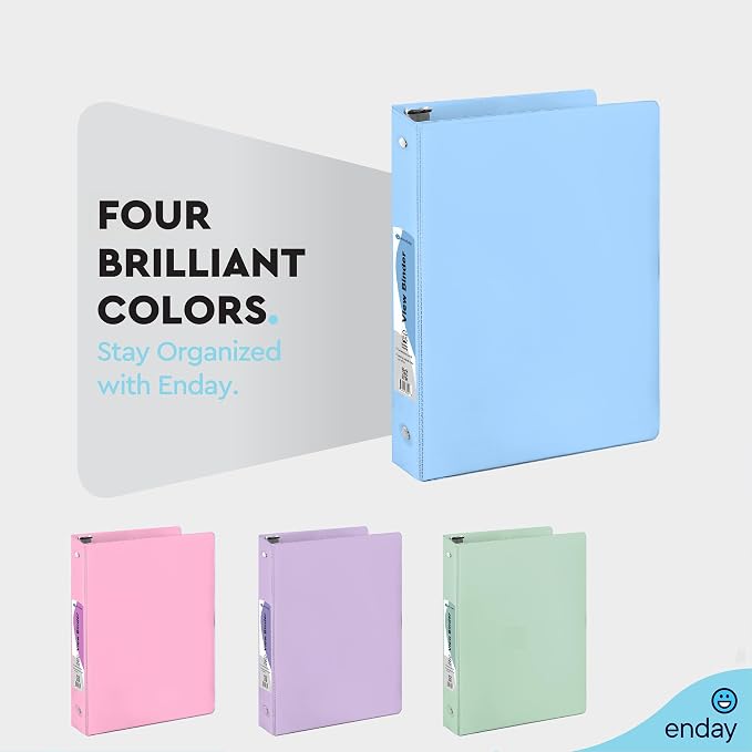 Enday 3 Ring Binder 1/2 inch - 0.5 Inch 3 Ring Binder, Round Ring Pastel with Clear View Cover for Letter Size 8.5 x 11'' Paper & 2 Inside Pockets, for School Supplies, Office, & Home - 4 Pack