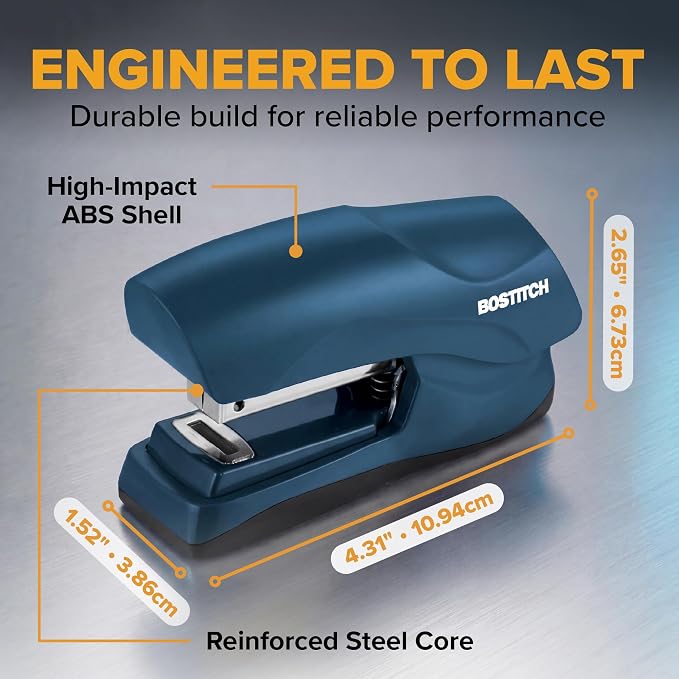 Bostitch Heavy Duty Compact Stapler, 40-Sheet Capacity, No-Jam Technology, Flat Clinch Design, Half-Strip Desktop Stapler, Blue