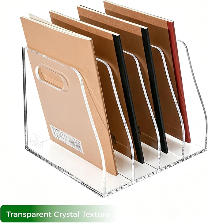 Clear Acrylic Magazine File Holder with Handles, 4-Slot Heavy-Duty Desk Organizer, Vertical Document Sorter & Book Rack for Office, Home & Classroom, Thick 5mm Tabletop Storage, 7.1x8.1x6.3 in