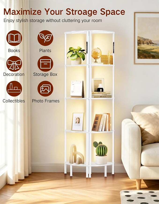 5-Tier Corner Bookshelf with LED Lights, Touch & Remote Control, 3 Color Temperatures, Dimmable Narrow Display Shelf with 1-Hour Timer for Living Room, Bedroom, Office(White)
