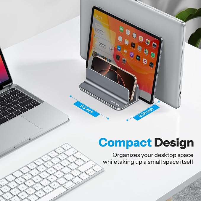 OMOTON 3-Slot Multiple Vertical Laptop Stand, Fits All MacBook, Grey | Adjustable Width 0-1.38", Aluminum Office Space-Saving for Desk, Fits MacBook/Book/iPad Up to 17.3in