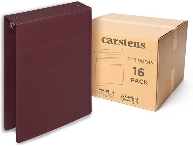 Carstens 2-Inch Heavy Duty 3-Ring Binder - Top Opening, Wine, Durable Plastic, No-Gap Rings, Waterproof Cover, No Pockets, Holds 300 US Letter Sheets, BPA-Free, Made in USA (2873-3R), Case of 16