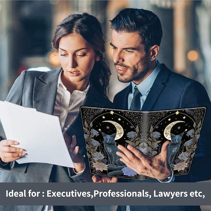 Padfolio/Portfolio Folder Clipboard,Padfolio Clipboard,Writing Portfolio Leather with Cover for Card Holder Slot Letter Size A4 for Office Conference Notepad Clip Boards,Witchy Cat Moon