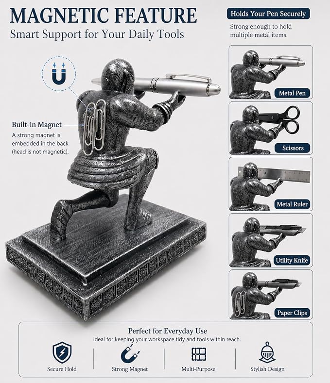 Magnetic Knight Pen Holder for Desk, Medieval Desk Decor Gift for Men, Resin Office Desk Organizer with Sword Letter Opener, Cool Desk Accessories for Dad Husband Boss