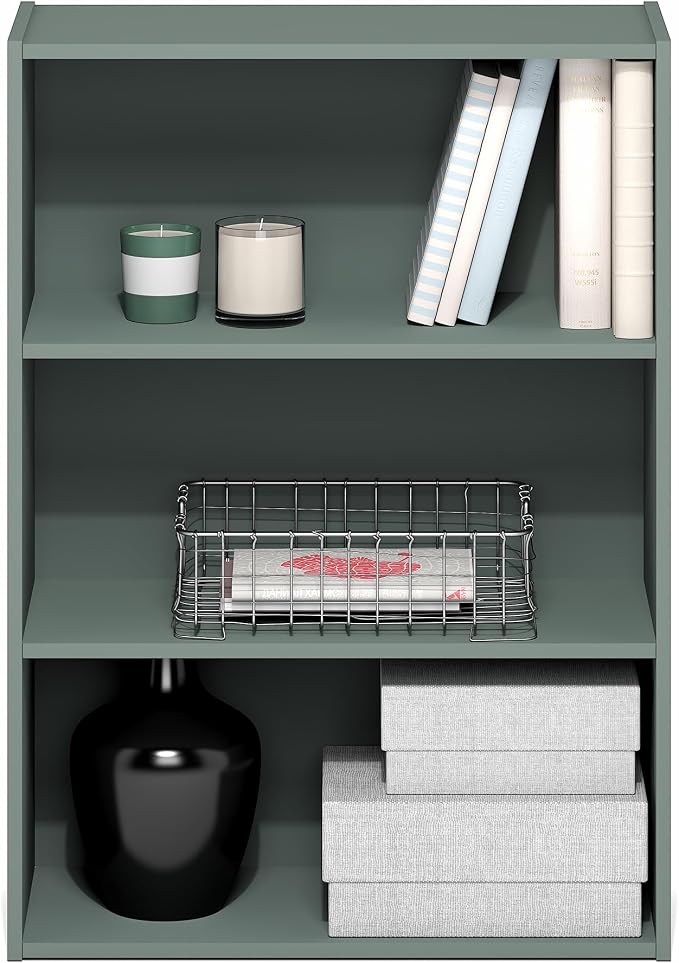 Furinno PASIR Book Shelf, 3-Tier Bookshelf, Storage Shelves Bookcase, 9.7 x 23.7 x 31.5, for Living Room, Bedroom, Home Office, Sage Green