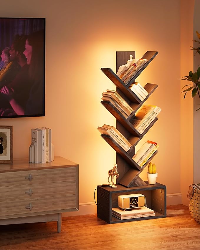 Evermagin 6 Tier Tree Bookshelf with Lights, LED Book Tree Bookcase | Black with Storage Organizer, Small Corner Bookshelf Floor Standing Book Shelf for Living Room, Bedroom & Home Office
